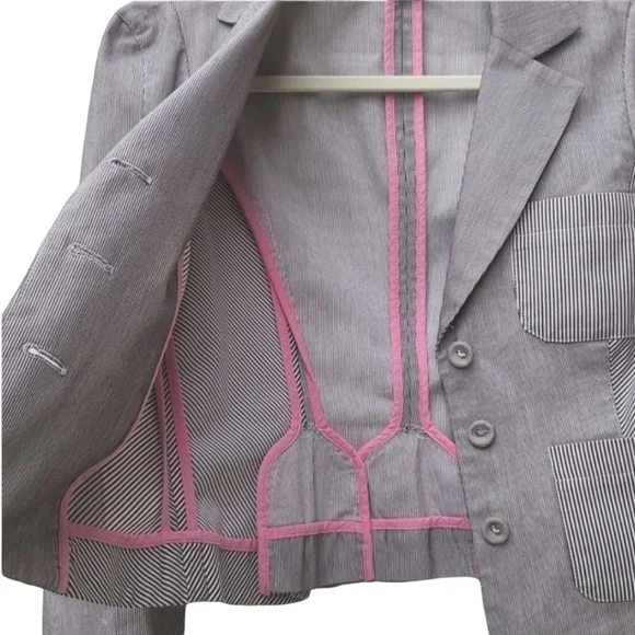 DIANE VON FURSTENBERG DVF Pinstriped Peplum Blazer 6 M Crop Jacket Seersucker - Picture 11 of 15